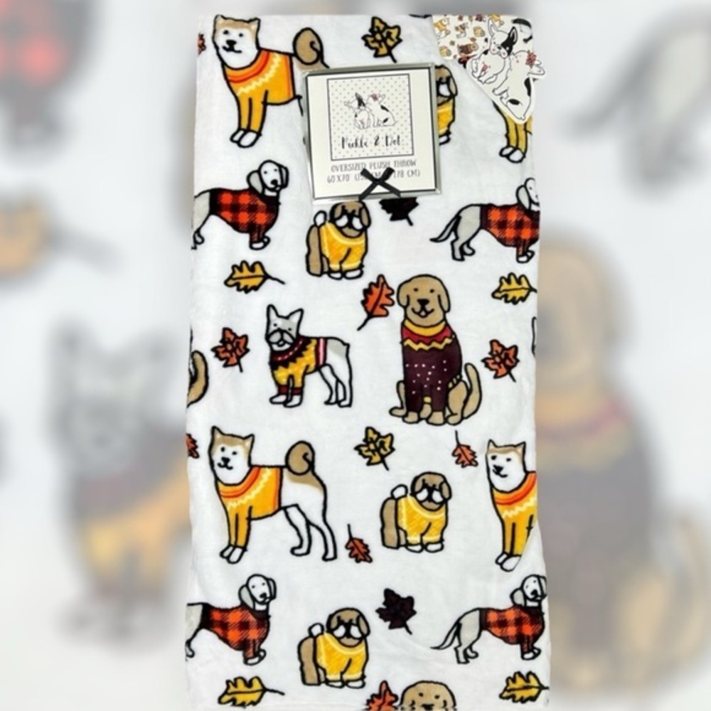 Pickle & Dot - ‘Autumn Dogs’ plush throw. 60” x 70”. NWT. Firm!